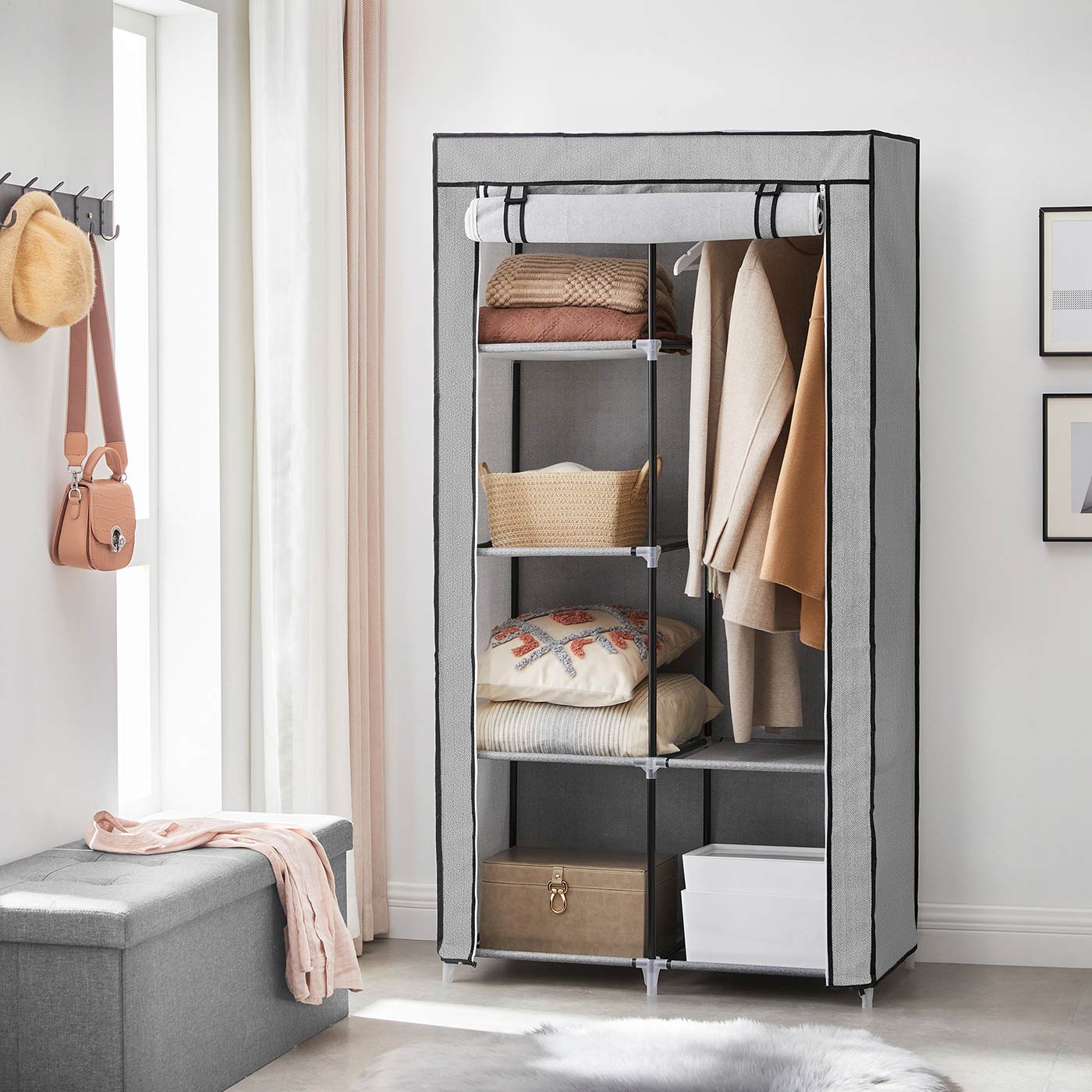 Portable Closet – Metal Frame & Non-Woven Fabric – Grey – 6 Shelves & 2 Hanging Rails