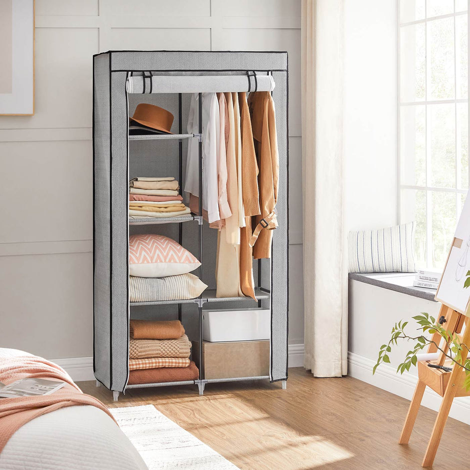 Portable Closet – Metal Frame & Non-Woven Fabric – Grey – 6 Shelves & 2 Hanging Rails