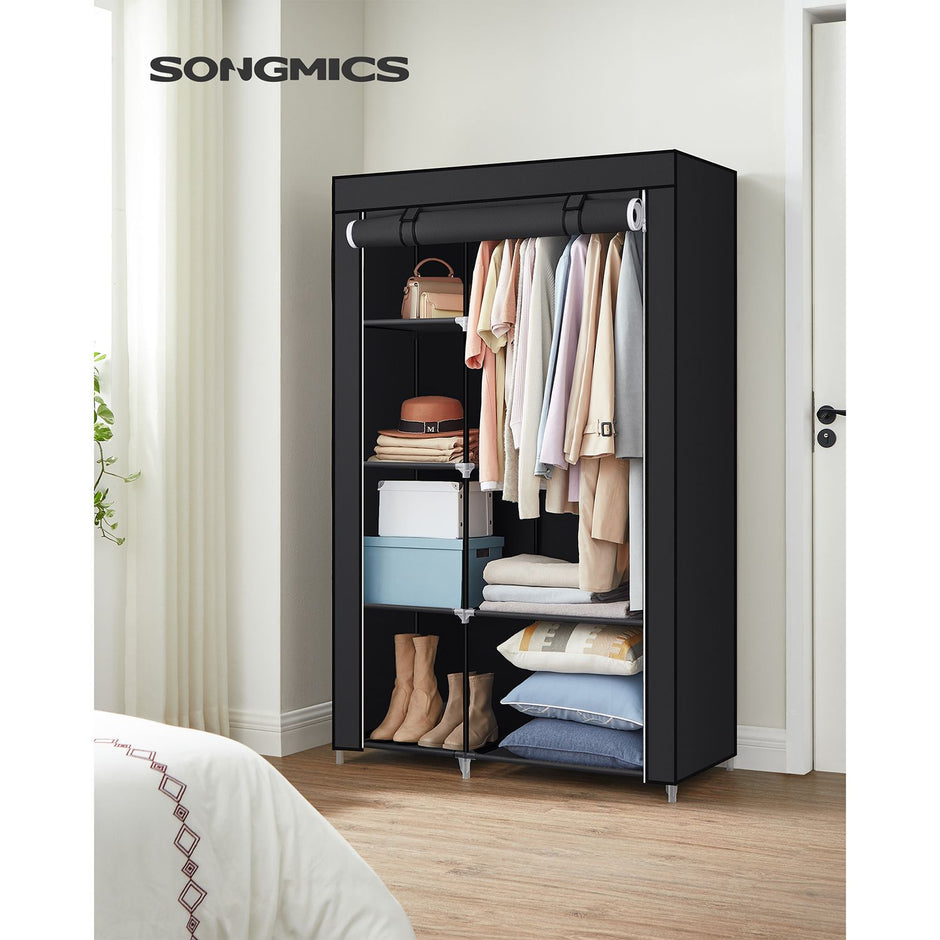 Portable Wardrobe – Non-Woven Fabric – Black – 6 Shelves and 1 Hanging Rail