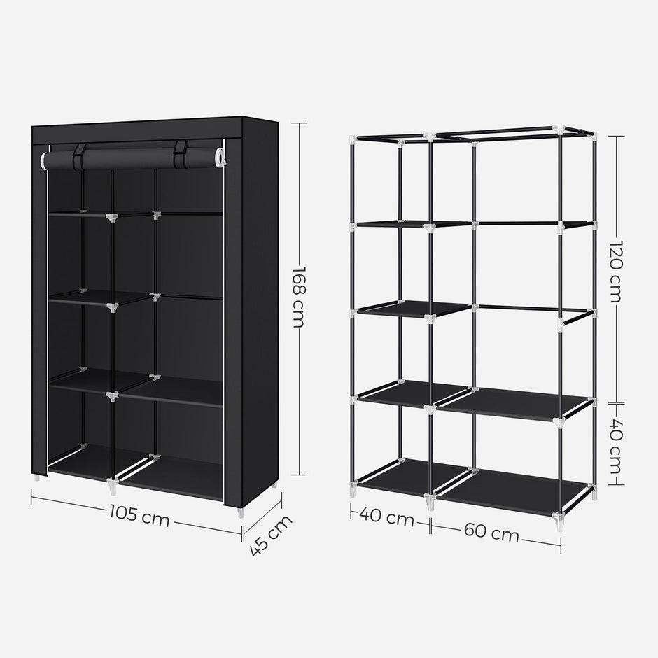 Portable Wardrobe – Non-Woven Fabric – Black – 6 Shelves and 1 Hanging Rail