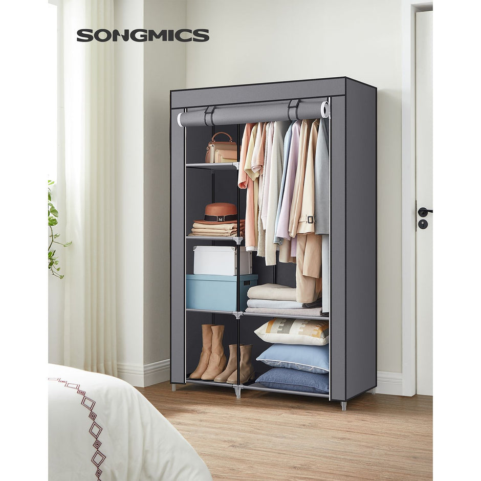 Portable Wardrobe – Non-Woven Fabric – Grey – 6 Shelves and Hanging Rail