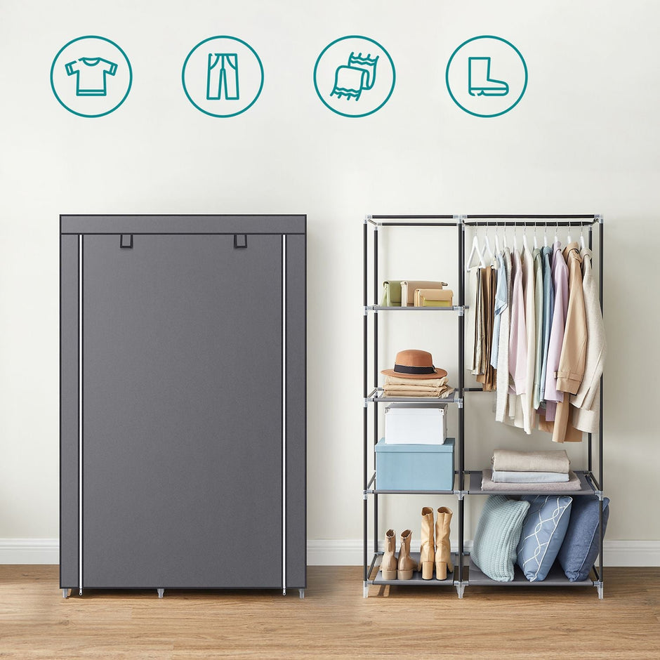 Portable Wardrobe – Non-Woven Fabric – Grey – 6 Shelves and Hanging Rail
