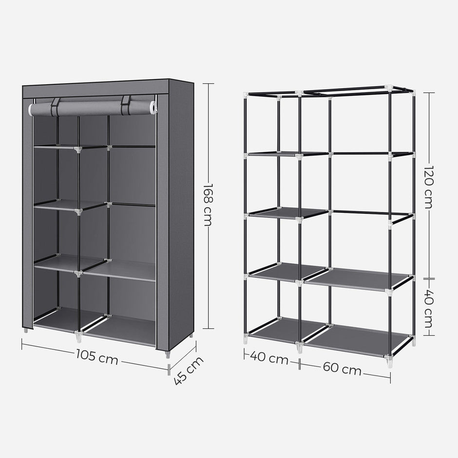 Portable Wardrobe – Non-Woven Fabric – Grey – 6 Shelves and Hanging Rail