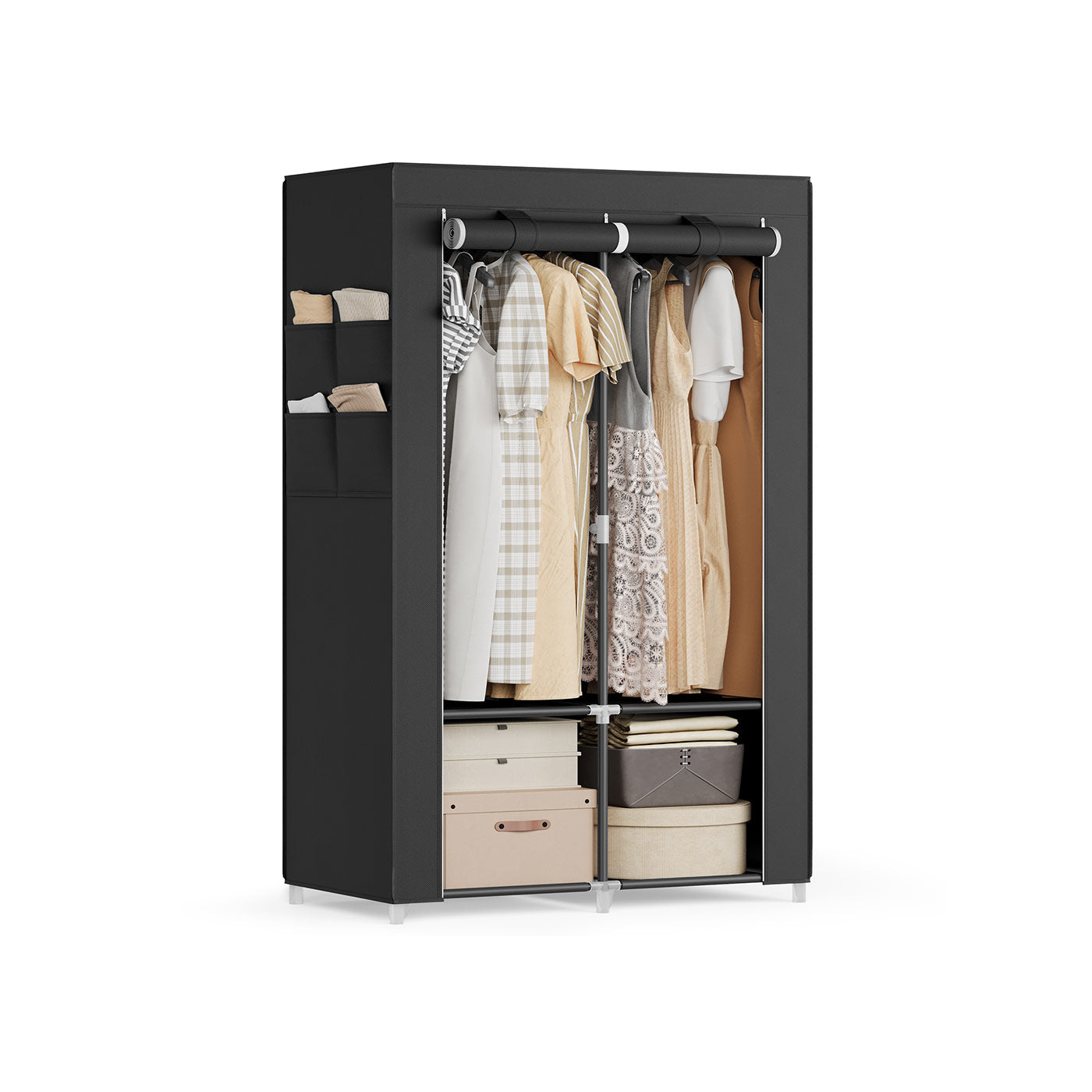 Portable Closet – Fabric – Ink Black – Large Capacity with 3 Hanging Rails and Shelves