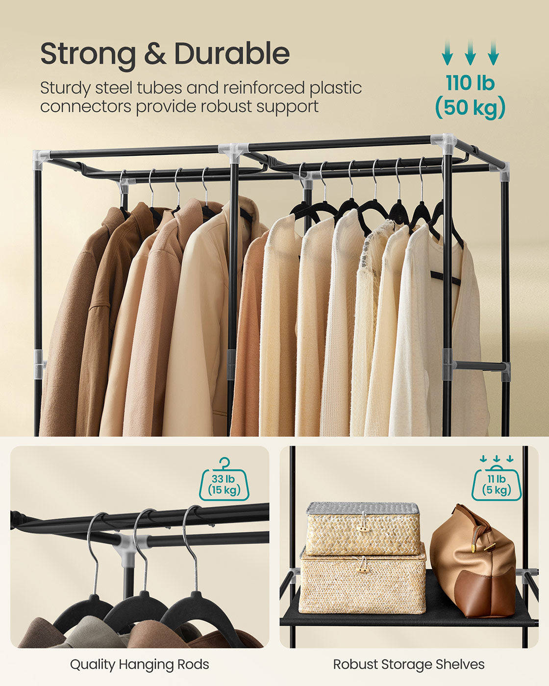Portable Closet – Fabric – Ink Black – Large Capacity with 3 Hanging Rails and Shelves
