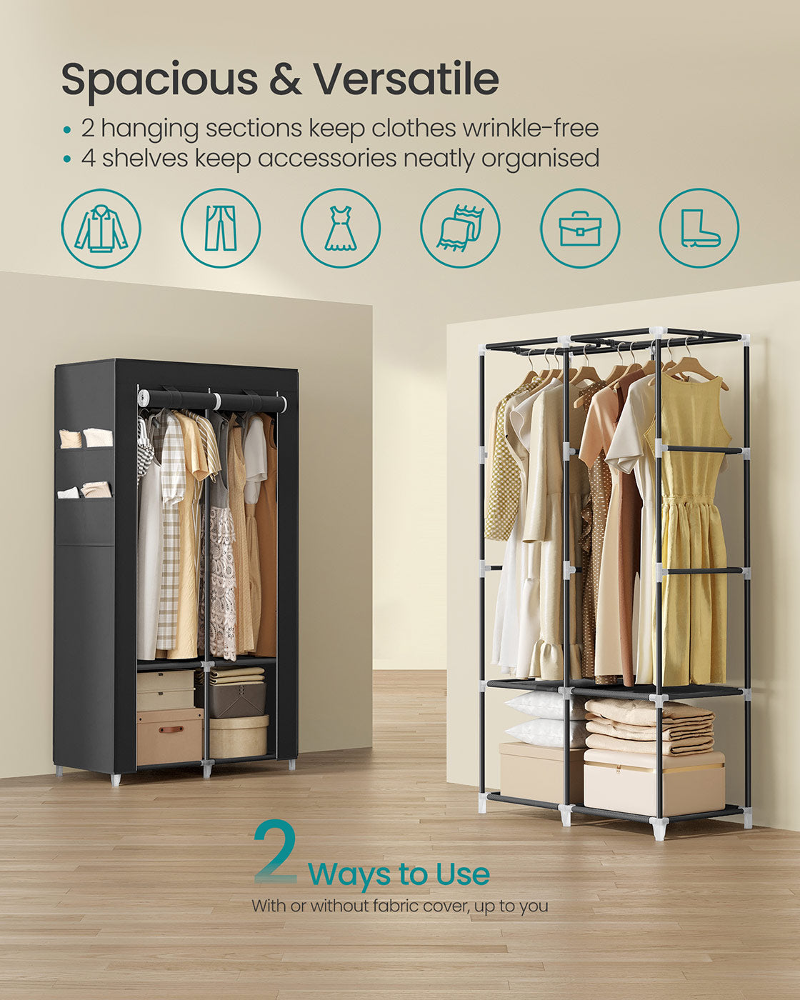 Portable Closet – Fabric – Ink Black – Large Capacity with 3 Hanging Rails and Shelves