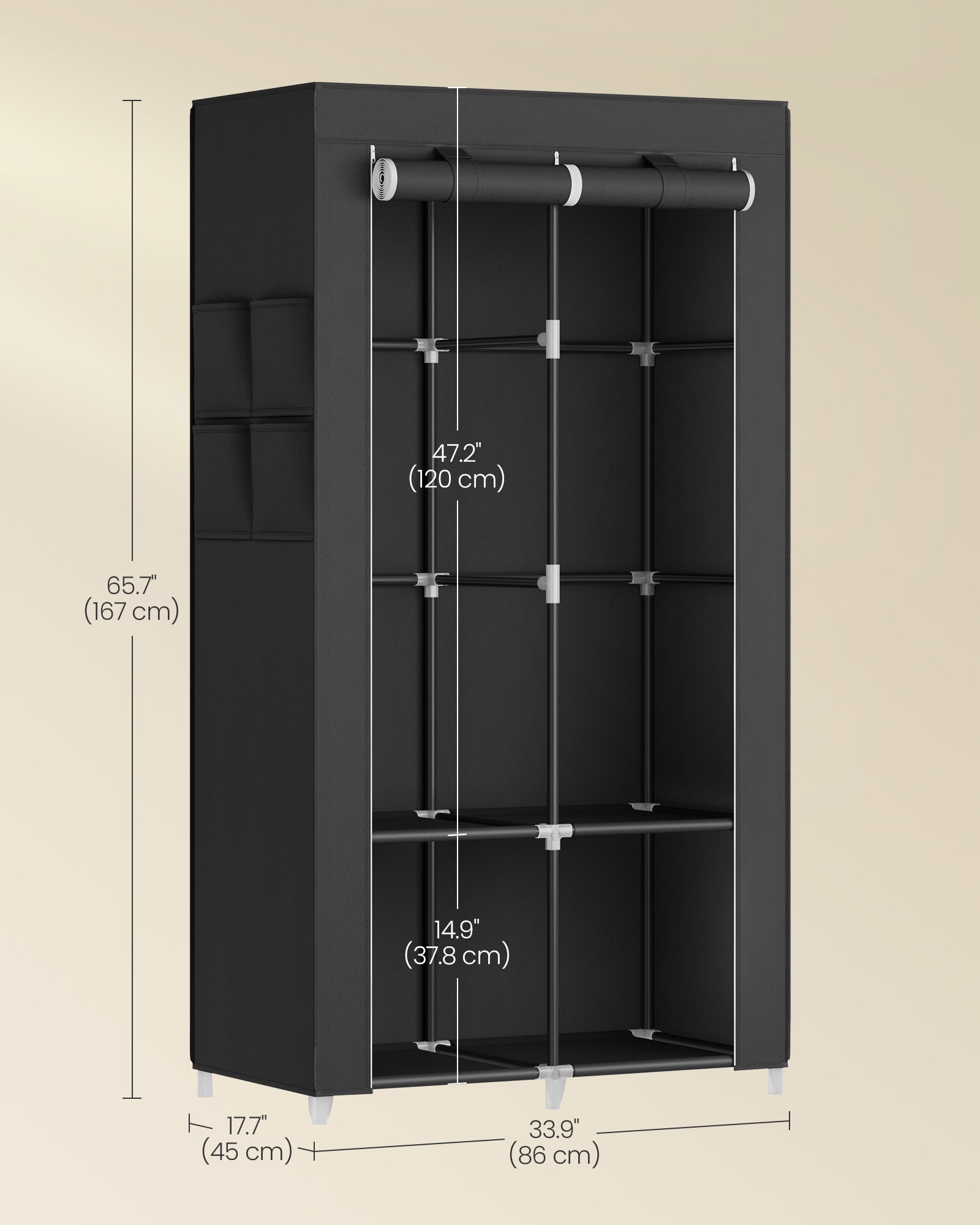 Portable Closet – Fabric – Ink Black – Large Capacity with 3 Hanging Rails and Shelves