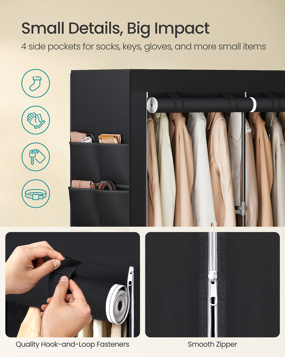 Portable Closet – Fabric – Ink Black – Large Capacity with 3 Hanging Rails and Shelves