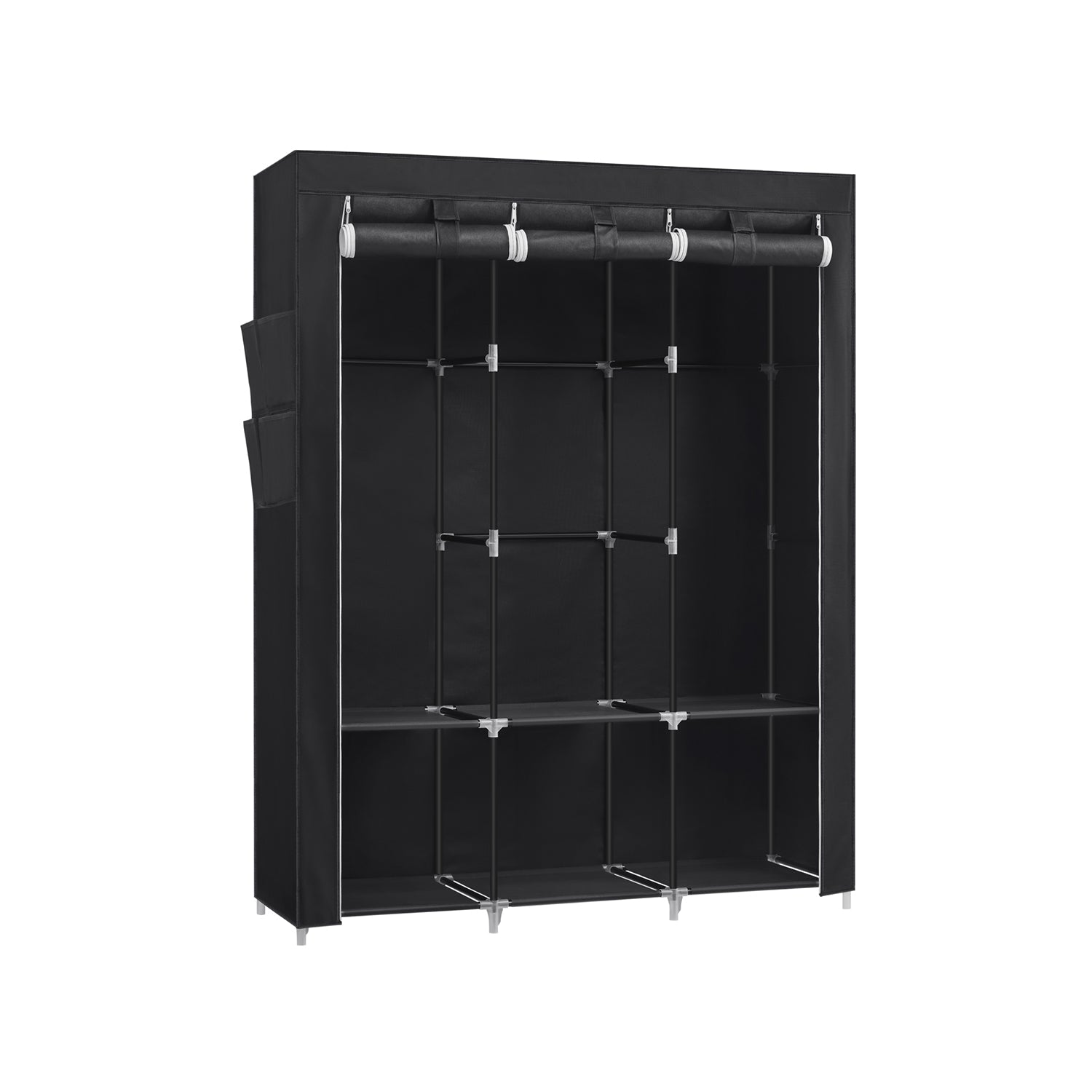 Portable Wardrobe – Fabric – Black – Large Capacity with 3 Hanging Rails and Shelves