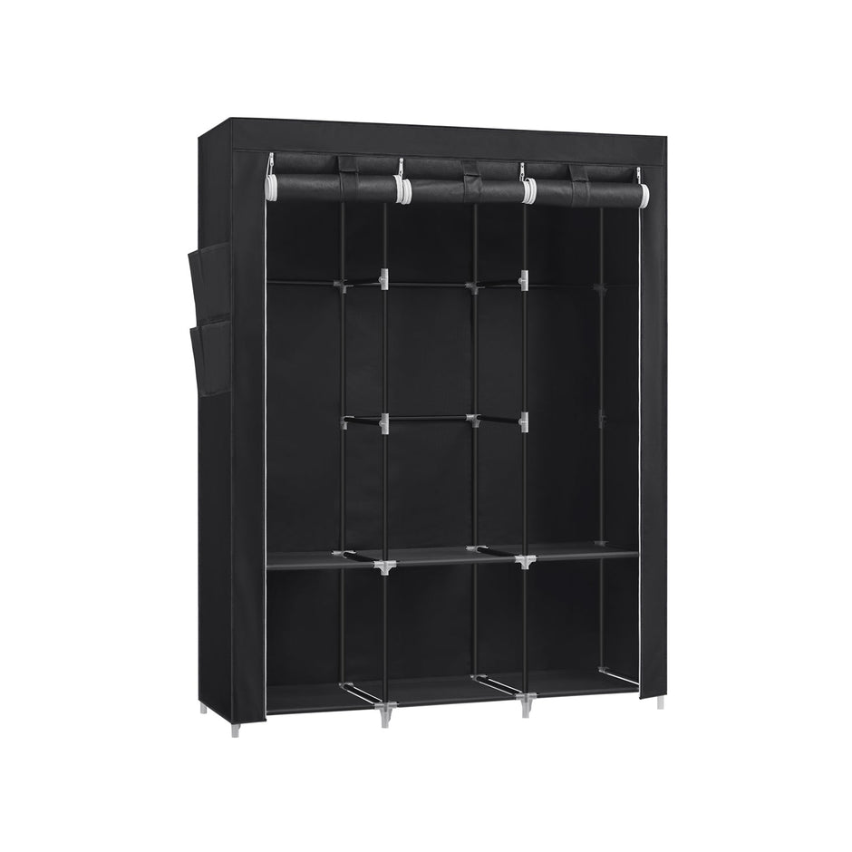 Portable Wardrobe – Fabric – Black – Large Capacity with 3 Hanging Rails and Shelves