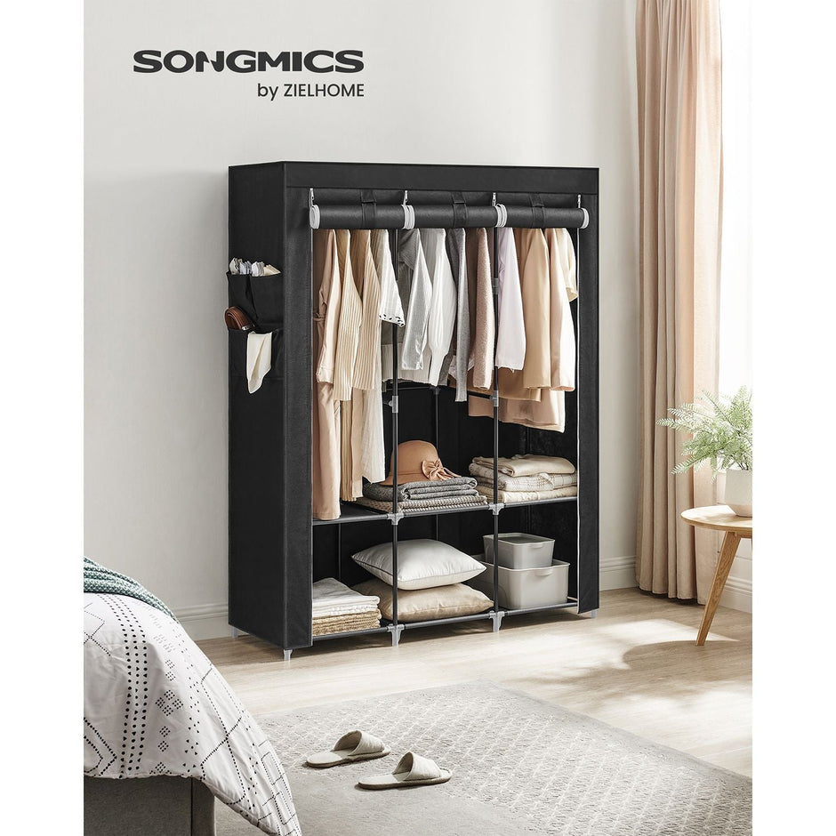 Portable Wardrobe – Fabric – Black – Large Capacity with 3 Hanging Rails and Shelves