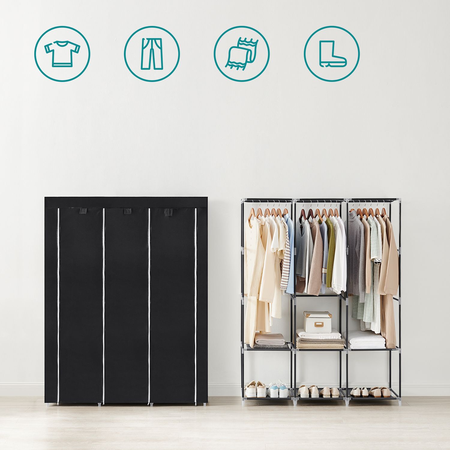 Portable Wardrobe – Fabric – Black – Large Capacity with 3 Hanging Rails and Shelves