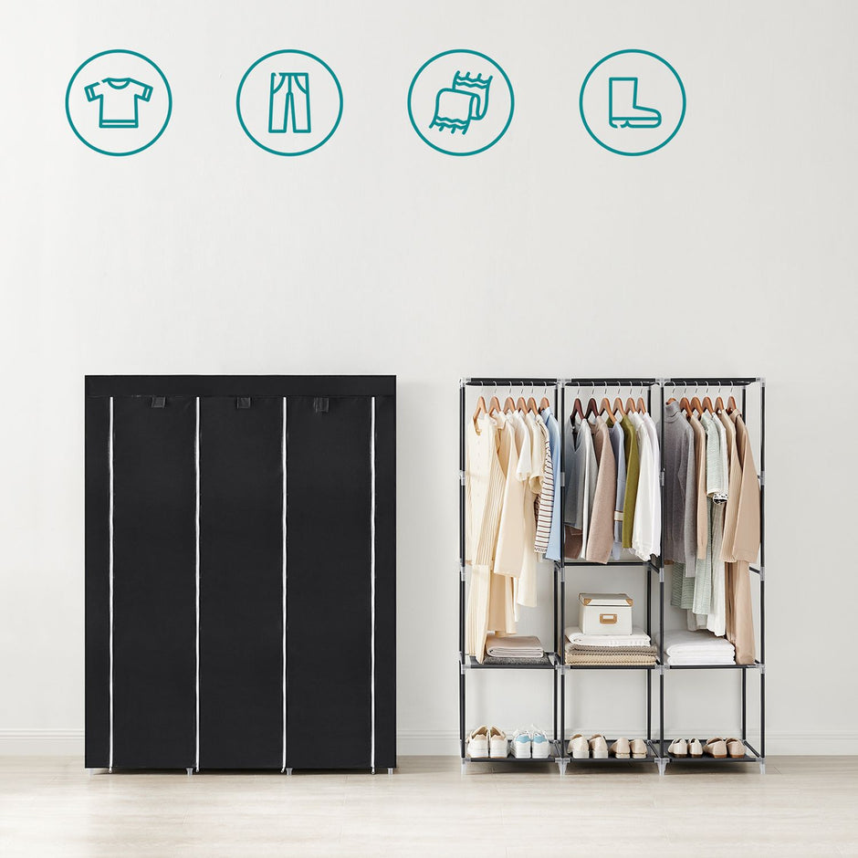 Portable Wardrobe – Fabric – Black – Large Capacity with 3 Hanging Rails and Shelves