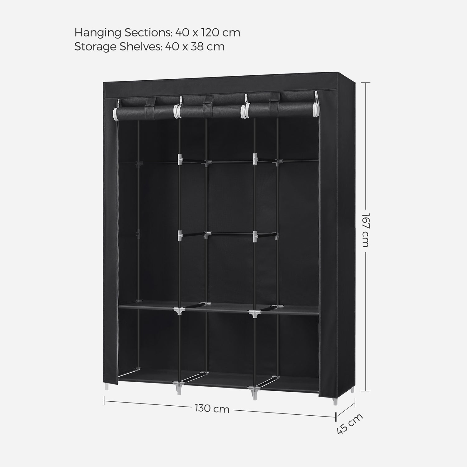 Portable Wardrobe – Fabric – Black – Large Capacity with 3 Hanging Rails and Shelves