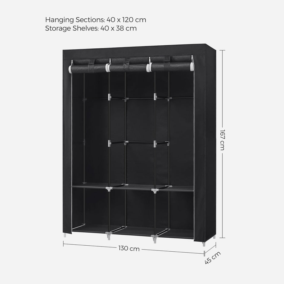 Portable Wardrobe – Fabric – Black – Large Capacity with 3 Hanging Rails and Shelves