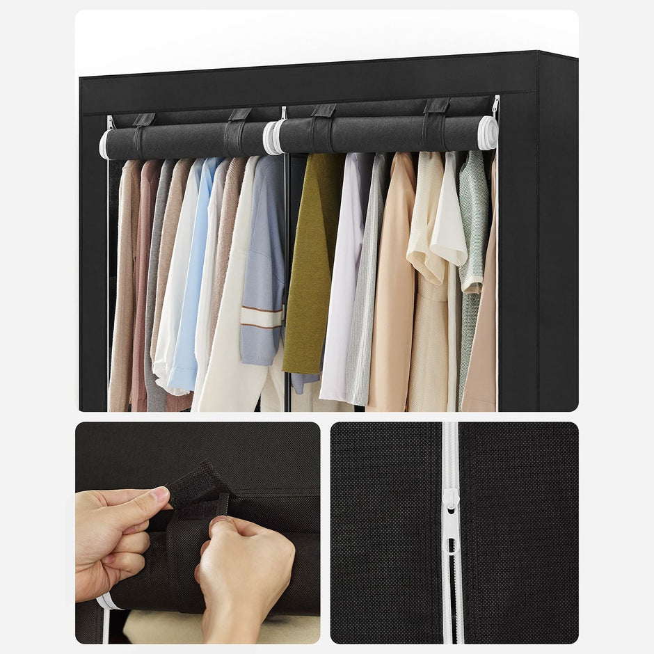 Portable Wardrobe – Fabric – Black – Large Capacity with 3 Hanging Rails and Shelves