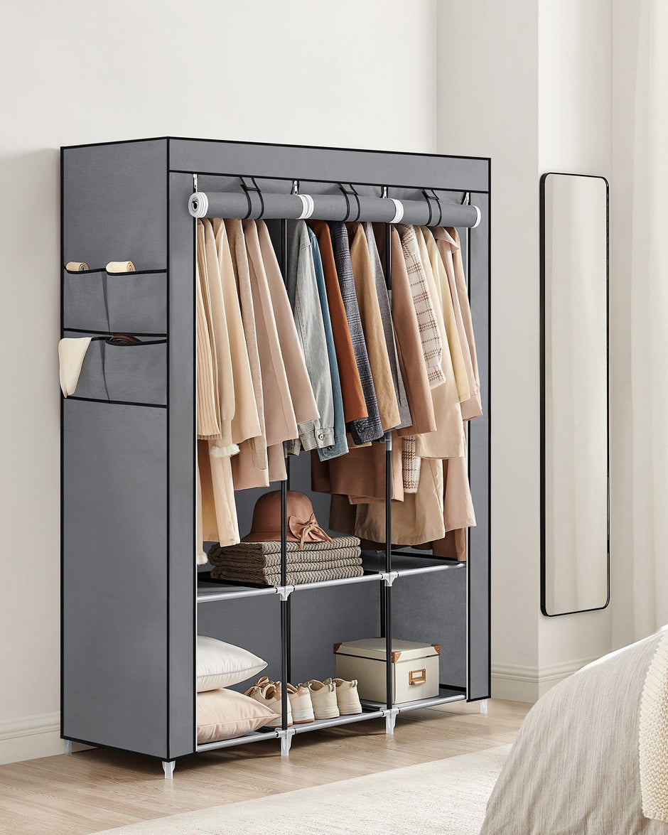Portable Clothes Wardrobe – Fabric – Grey – Large Capacity with Cover and Multiple Storage Options