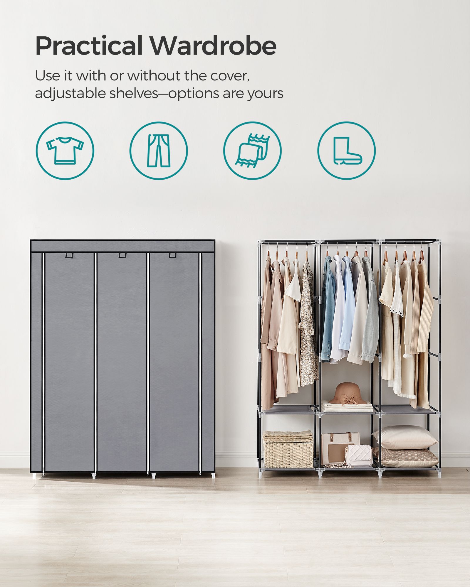 Portable Clothes Wardrobe – Fabric – Grey – Large Capacity with Cover and Multiple Storage Options
