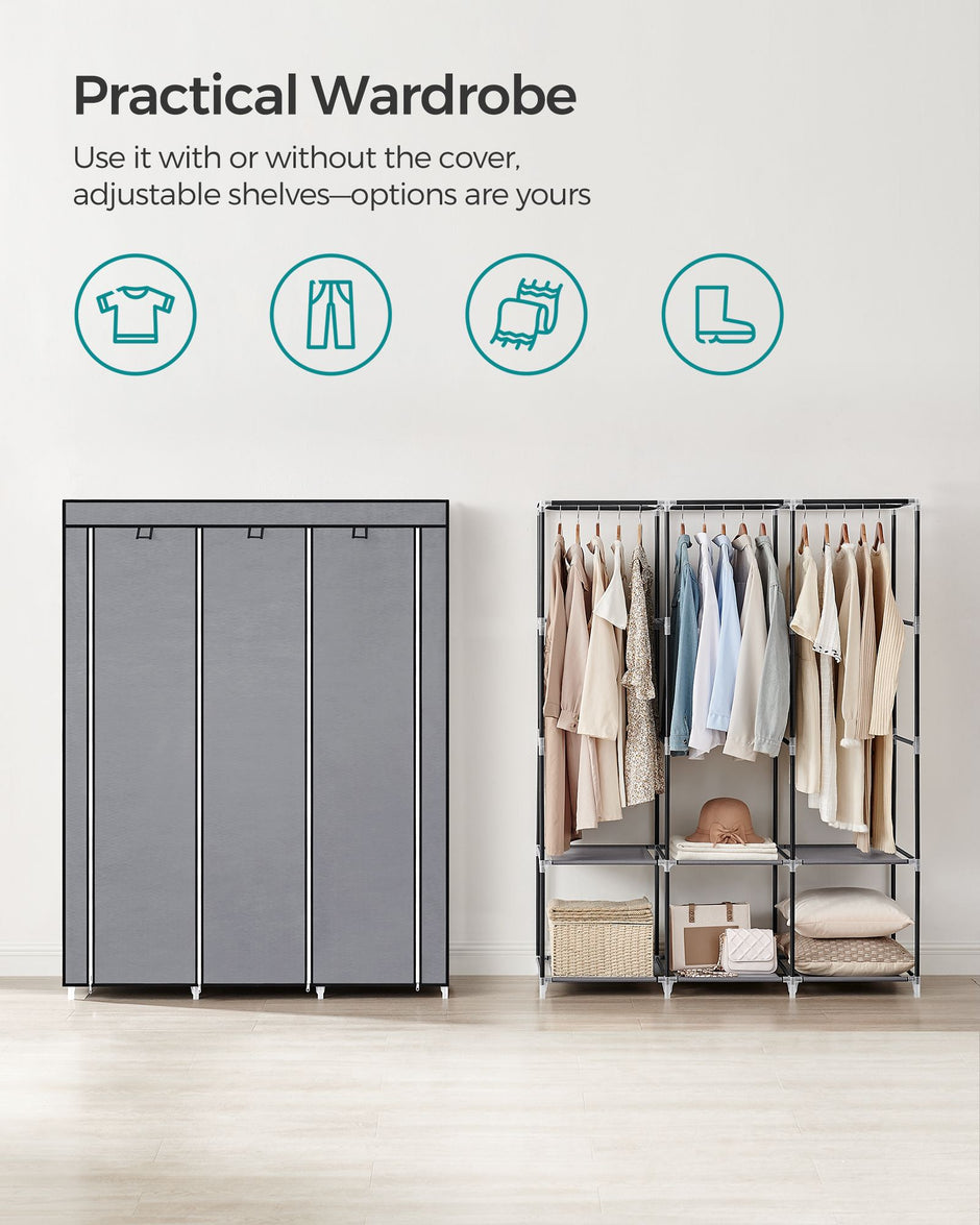 Portable Clothes Wardrobe – Fabric – Grey – Large Capacity with Cover and Multiple Storage Options