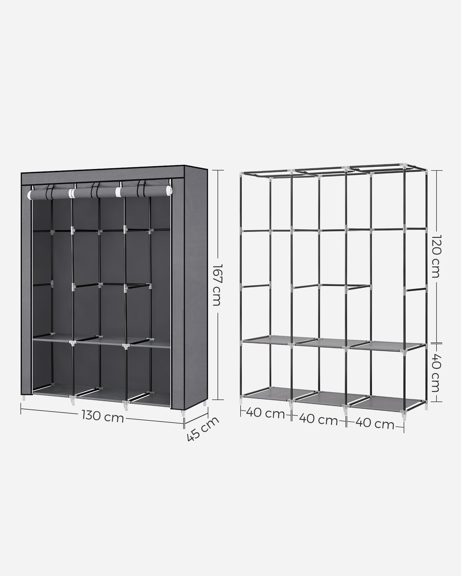 Portable Clothes Wardrobe – Fabric – Grey – Large Capacity with Cover and Multiple Storage Options