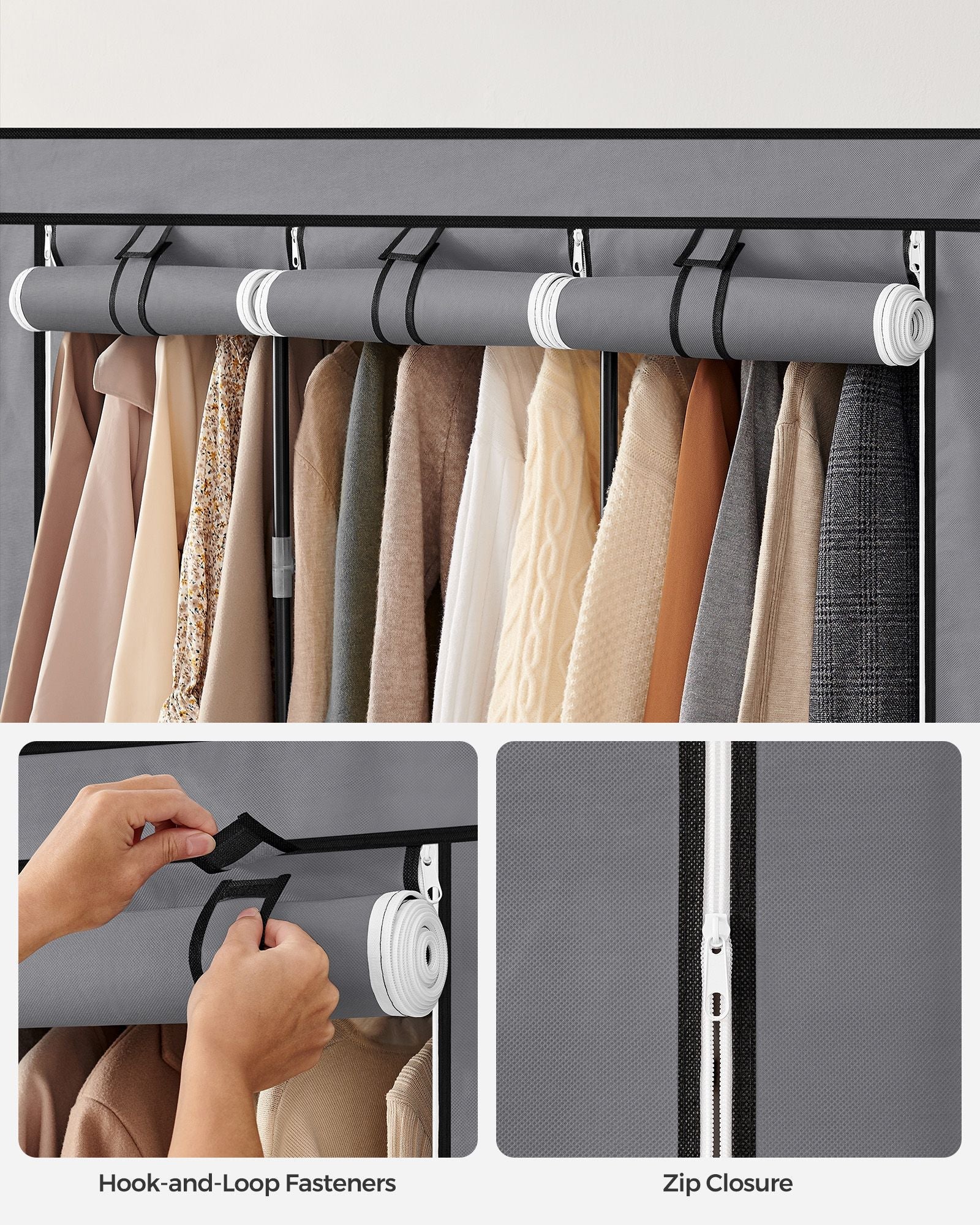 Portable Clothes Wardrobe – Fabric – Grey – Large Capacity with Cover and Multiple Storage Options