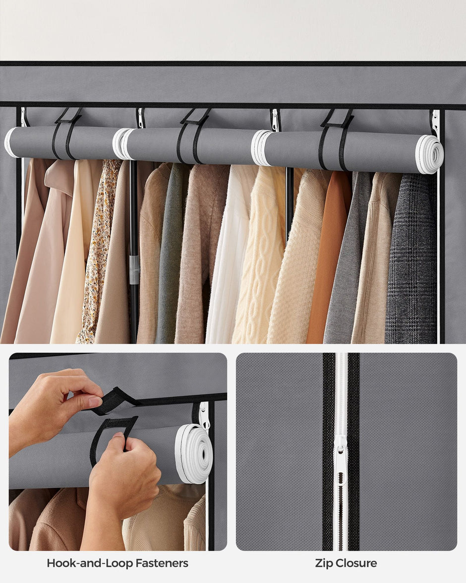 Portable Clothes Wardrobe – Fabric – Grey – Large Capacity with Cover and Multiple Storage Options