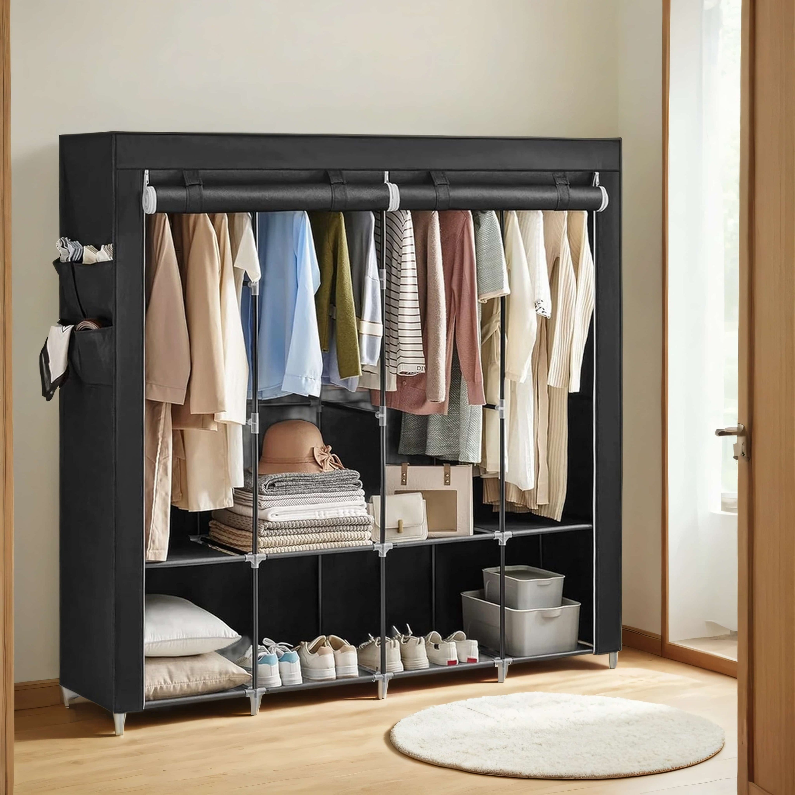 Portable Closet – Fabric – Grey – 4 Hanging Rods, Shelves, and Cover
