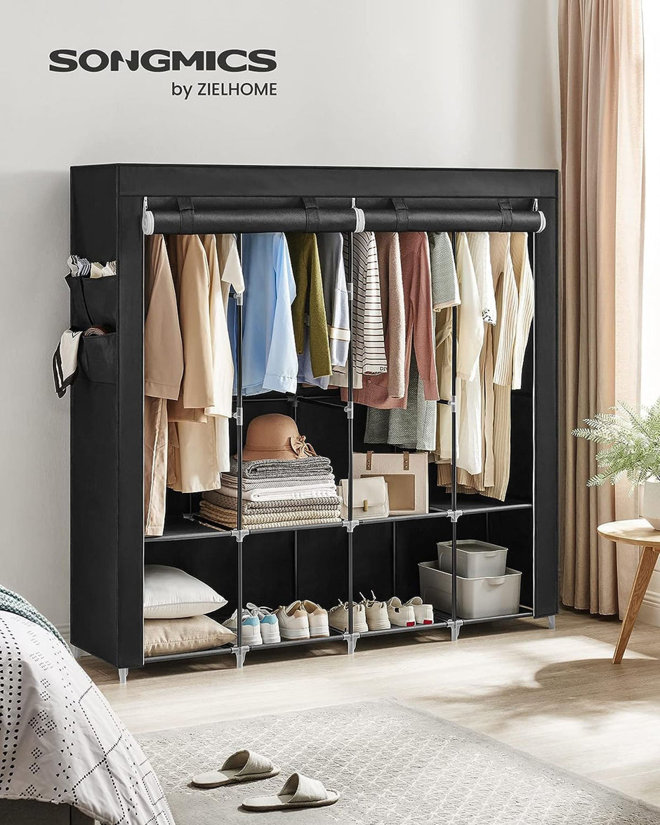 Portable Clothes Wardrobe – Fabric – Grey – Large Capacity with Shelves and Pockets