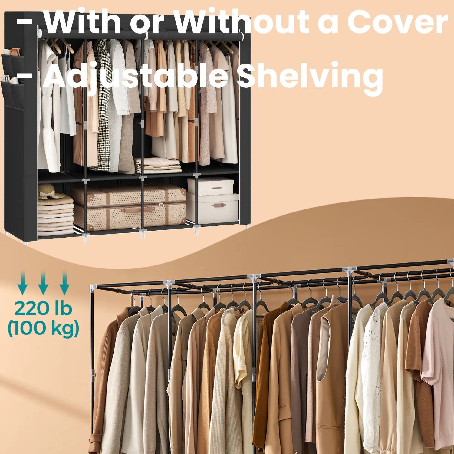 Portable Closet – Fabric – Grey – 4 Hanging Rods, Shelves, and Cover