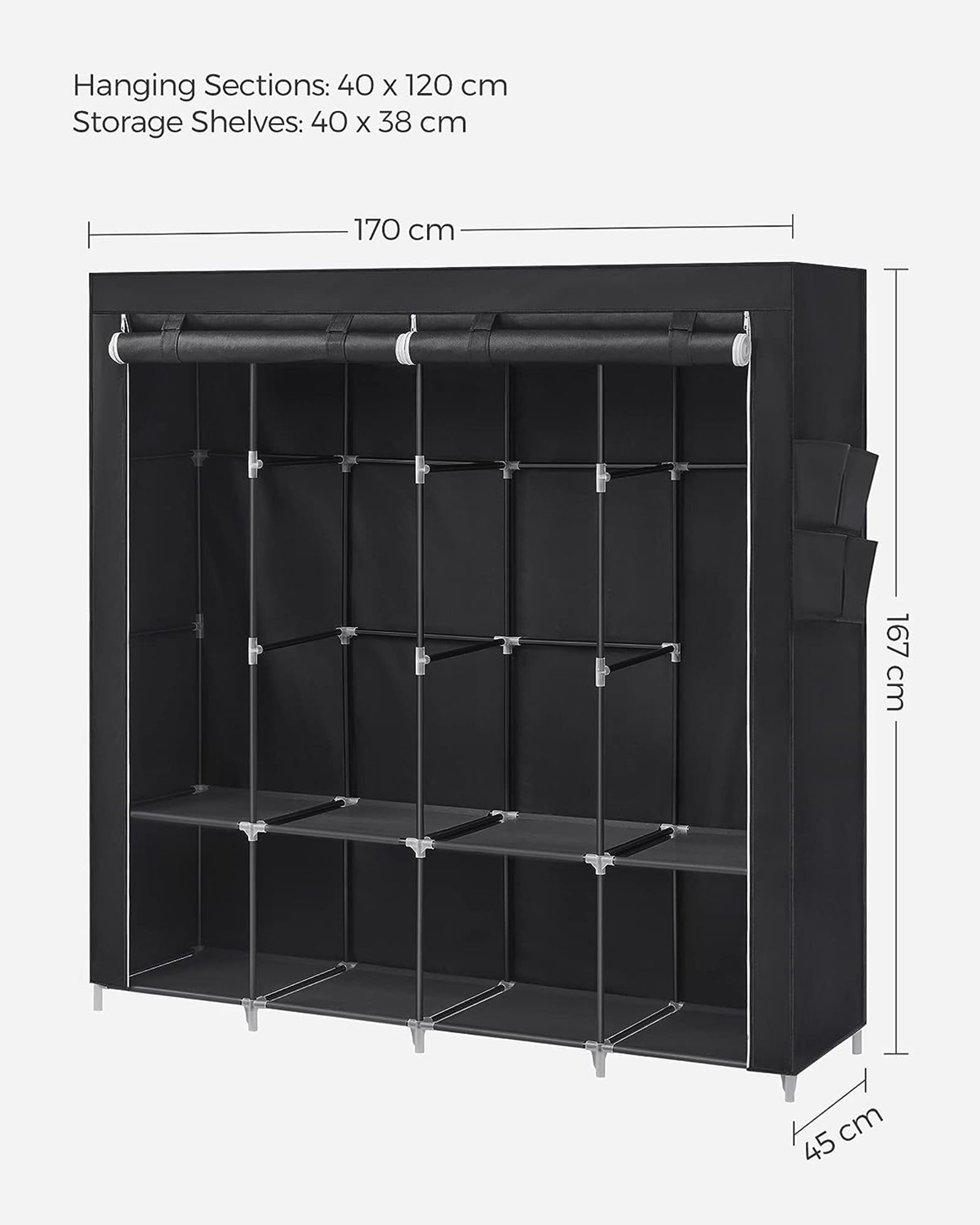 Portable Clothes Wardrobe – Fabric – Grey – Large Capacity with Shelves and Pockets