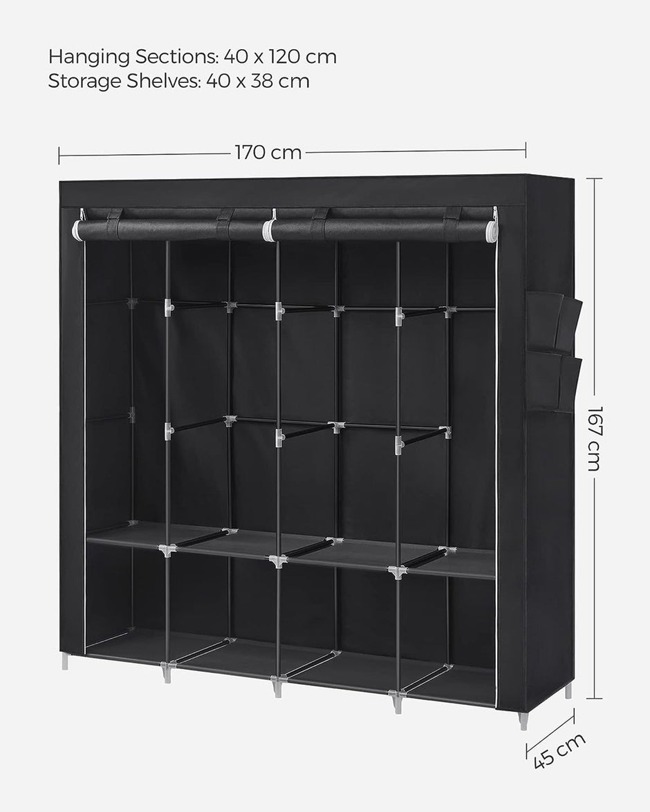 Portable Clothes Wardrobe – Fabric – Grey – Large Capacity with Shelves and Pockets