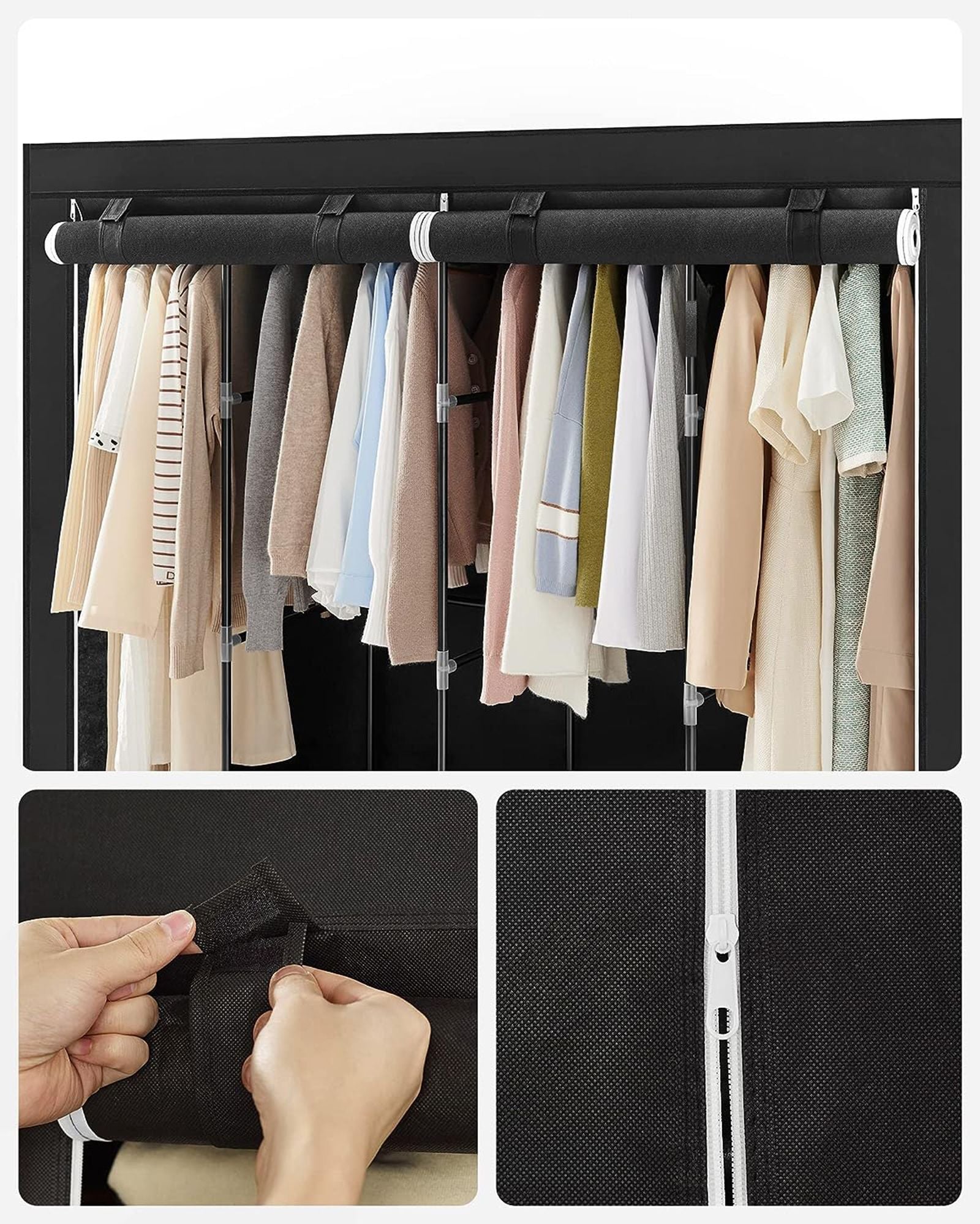 Portable Clothes Wardrobe – Fabric – Grey – Large Capacity with Shelves and Pockets