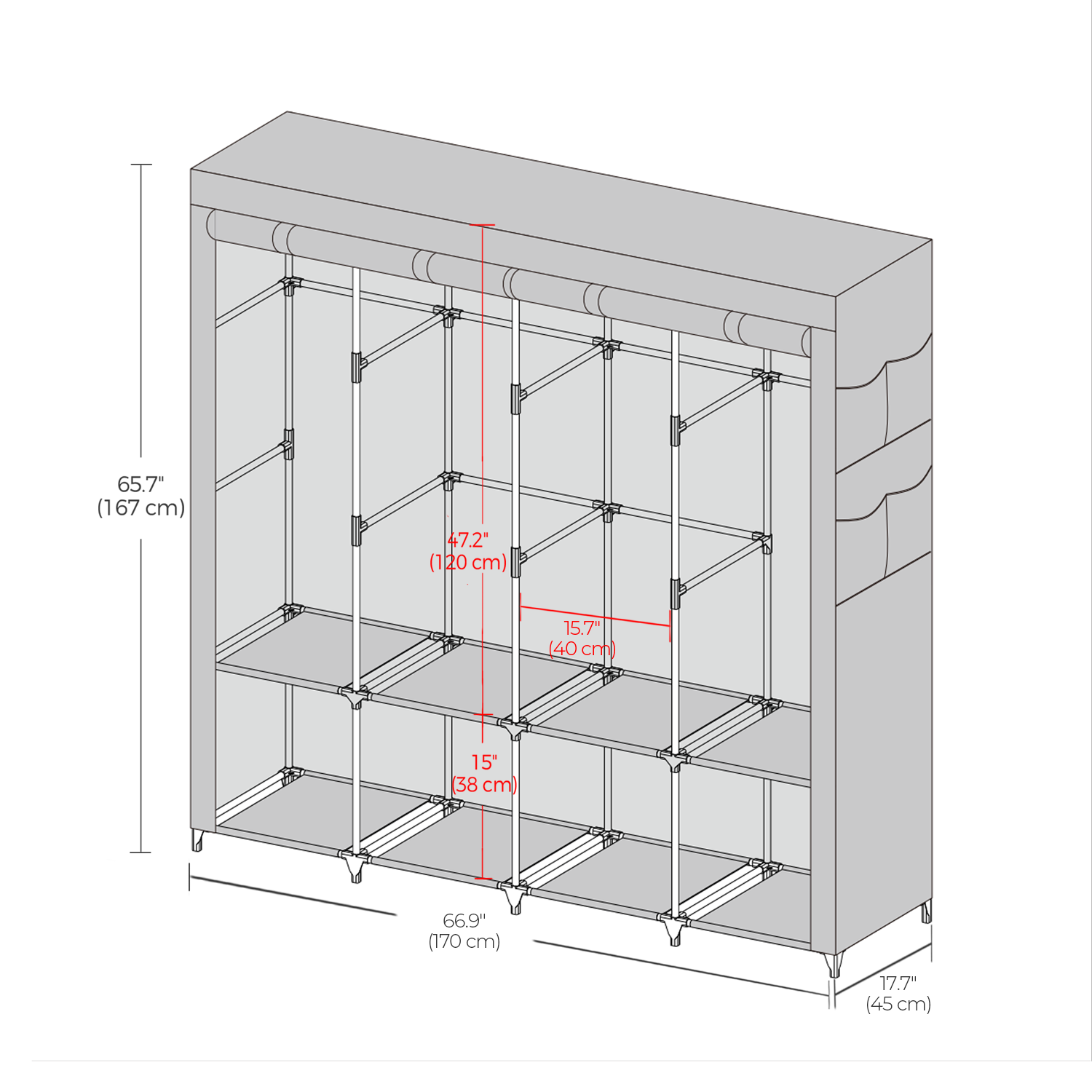 Portable Closet – Fabric – Grey – 4 Hanging Rods, Shelves, and Cover