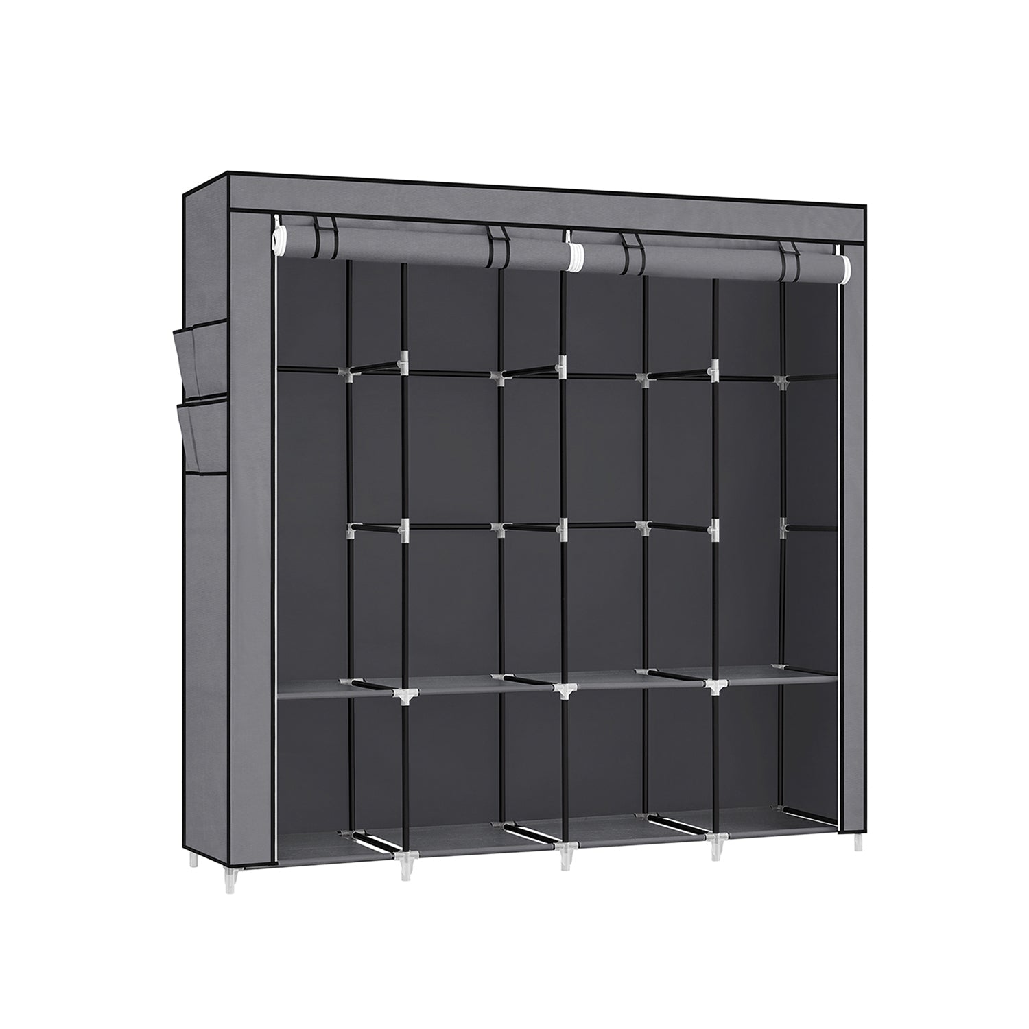 Portable Clothes Wardrobe – Fabric – Grey – Large Capacity with 4 Hanging Rails and Shelves