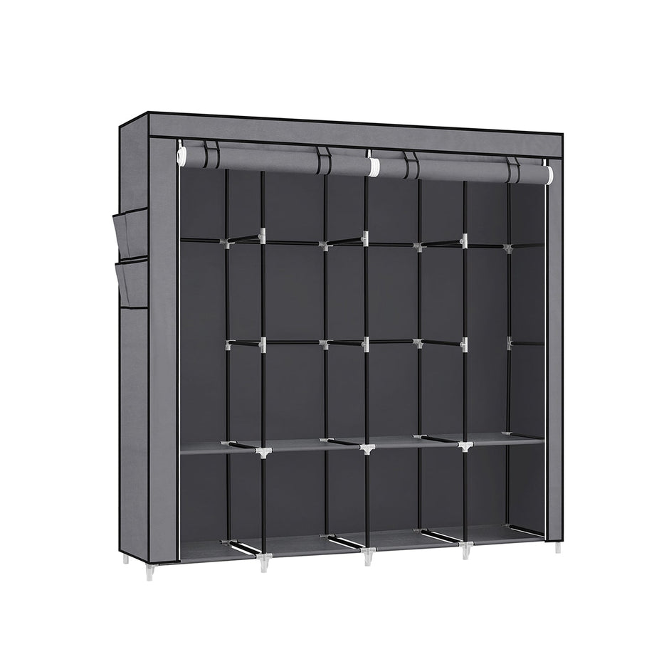 Portable Clothes Wardrobe – Fabric – Grey – Large Capacity with 4 Hanging Rails and Shelves