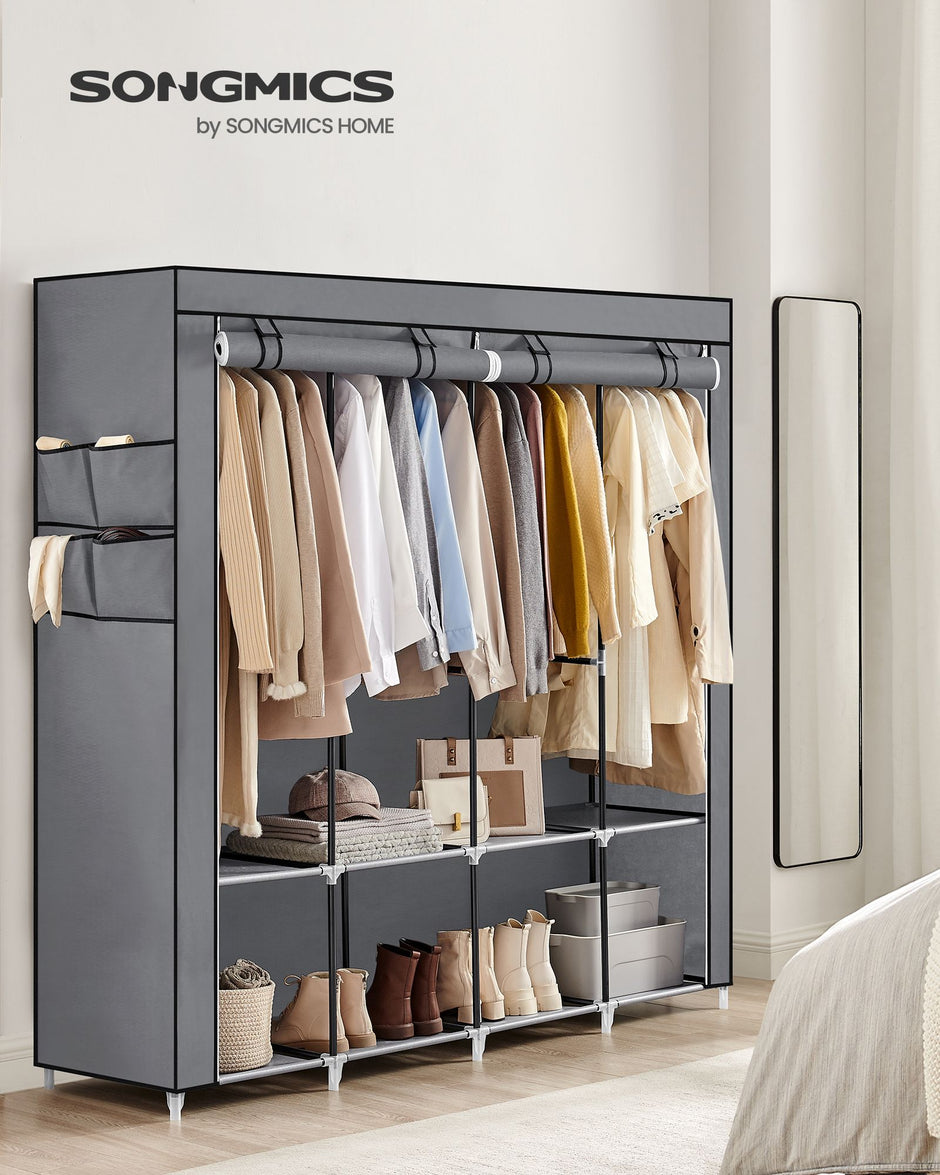 Portable Clothes Wardrobe – Fabric – Grey – Large Capacity with 4 Hanging Rails and Shelves