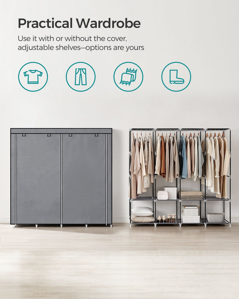 Portable Clothes Wardrobe – Fabric – Grey – Large Capacity with 4 Hanging Rails and Shelves