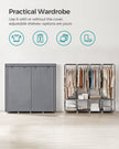 Portable Clothes Wardrobe – Fabric – Grey – Large Capacity with 4 Hanging Rails and Shelves