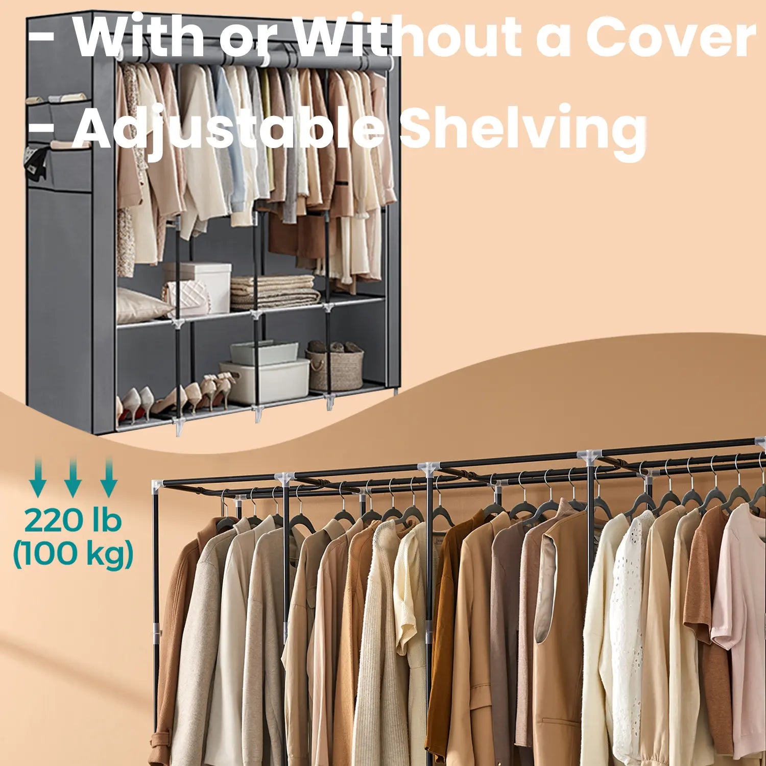 Portable Closet – Fabric – Grey – 4 Hanging Rods, Shelves, and Cover