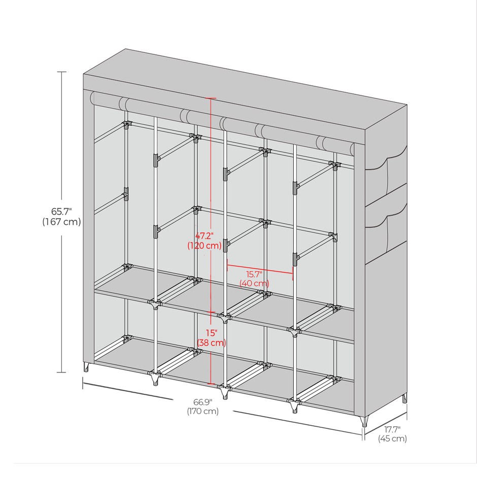 Portable Closet – Fabric – Grey – 4 Hanging Rods, Shelves, and Cover