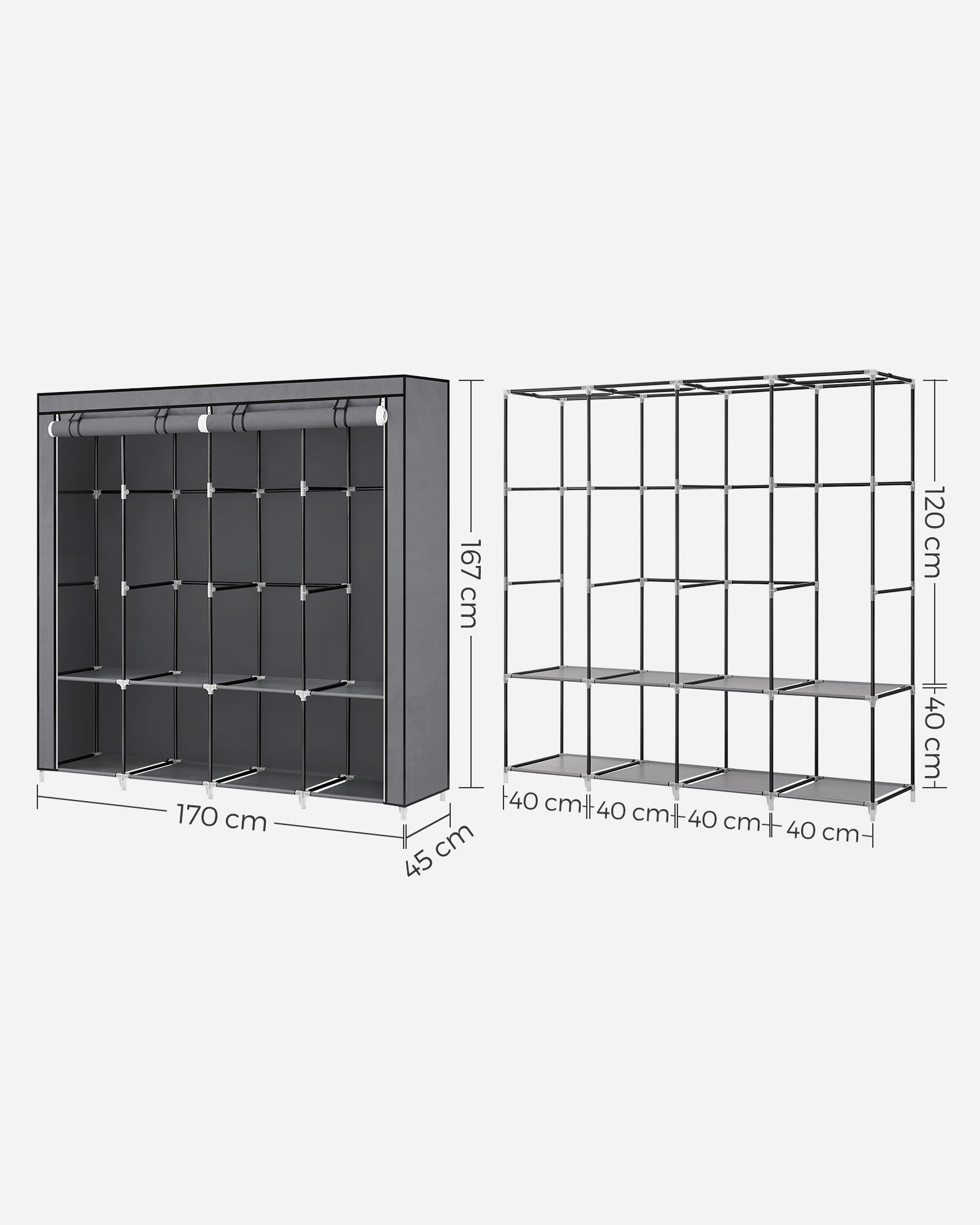 Portable Clothes Wardrobe – Fabric – Grey – Large Capacity with 4 Hanging Rails and Shelves
