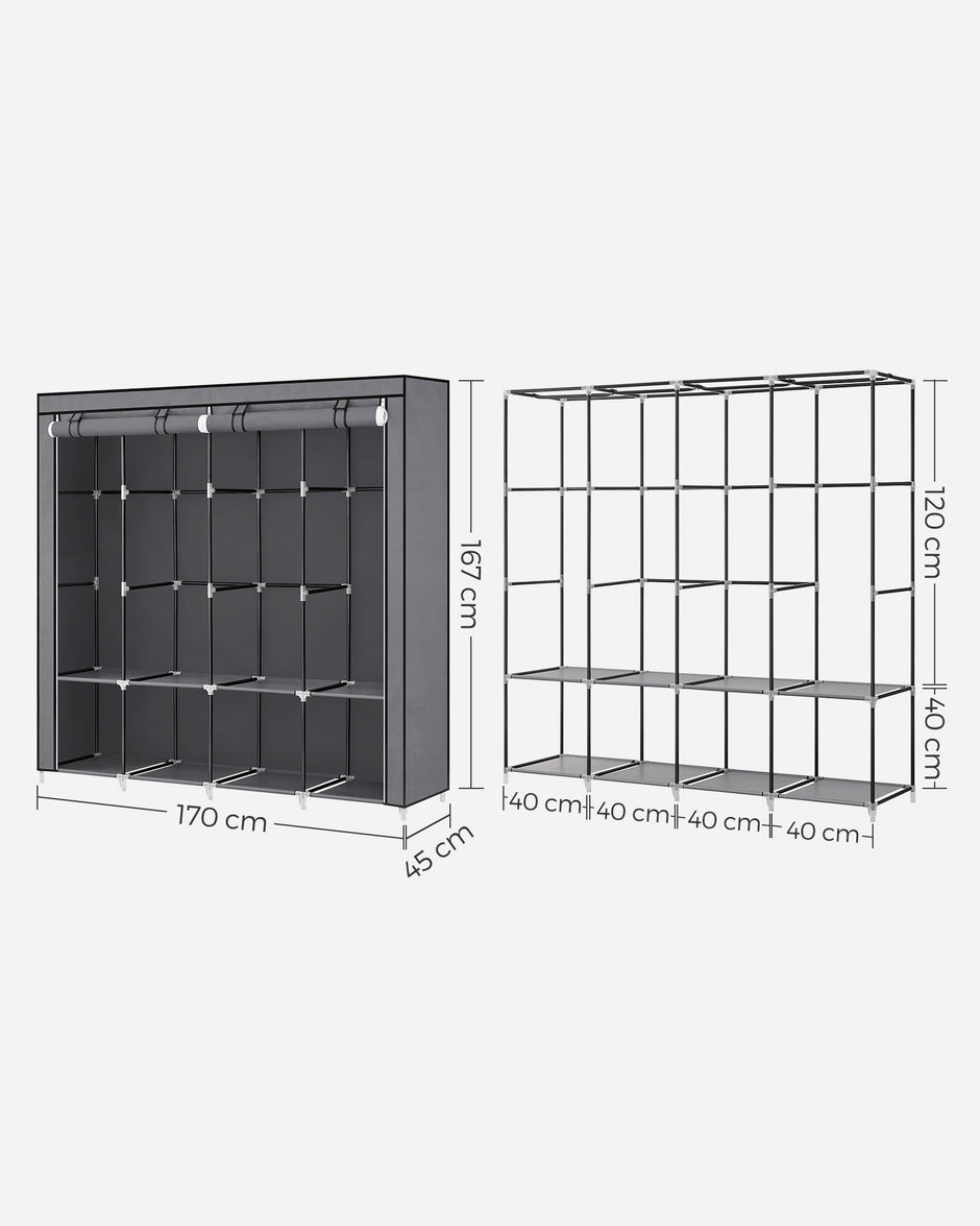 Portable Clothes Wardrobe – Fabric – Grey – Large Capacity with 4 Hanging Rails and Shelves