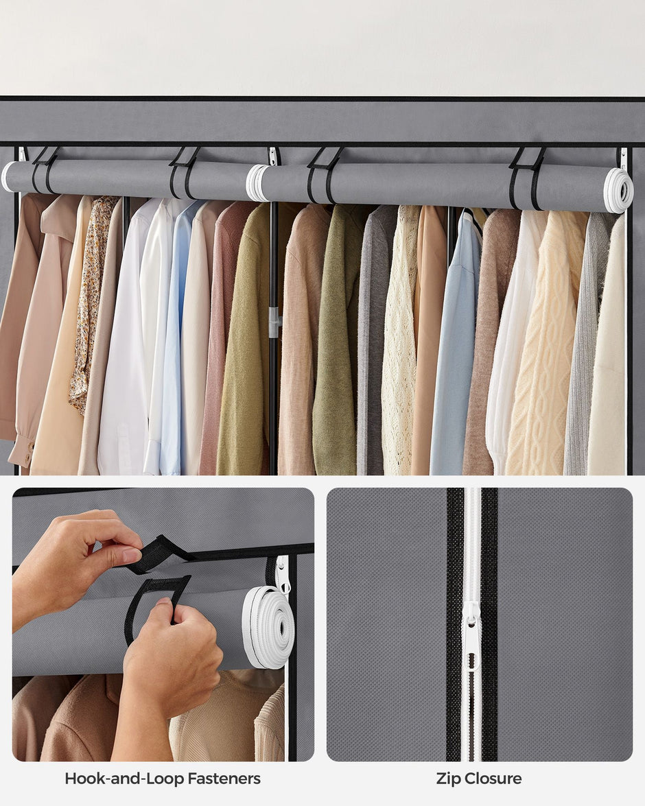 Portable Clothes Wardrobe – Fabric – Grey – Large Capacity with 4 Hanging Rails and Shelves