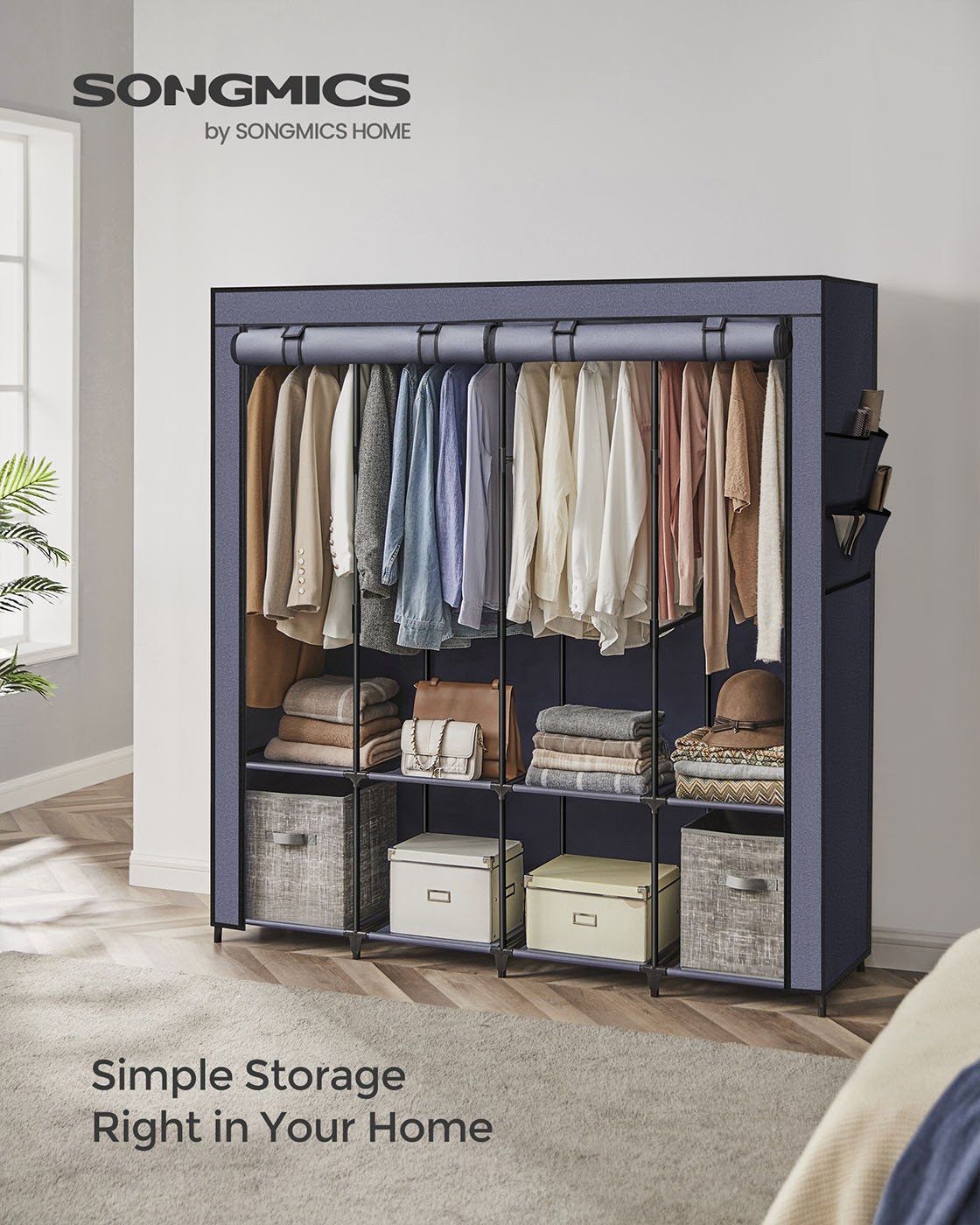 Portable Closet – Fabric – Dark Blue – Large Capacity with 4 Hanging Rails and Shelves