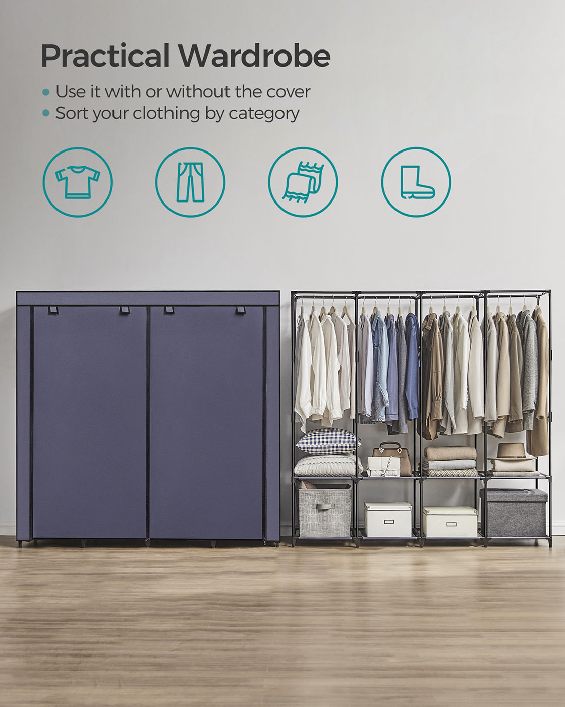 Portable Closet – Fabric – Dark Blue – Large Capacity with 4 Hanging Rails and Shelves