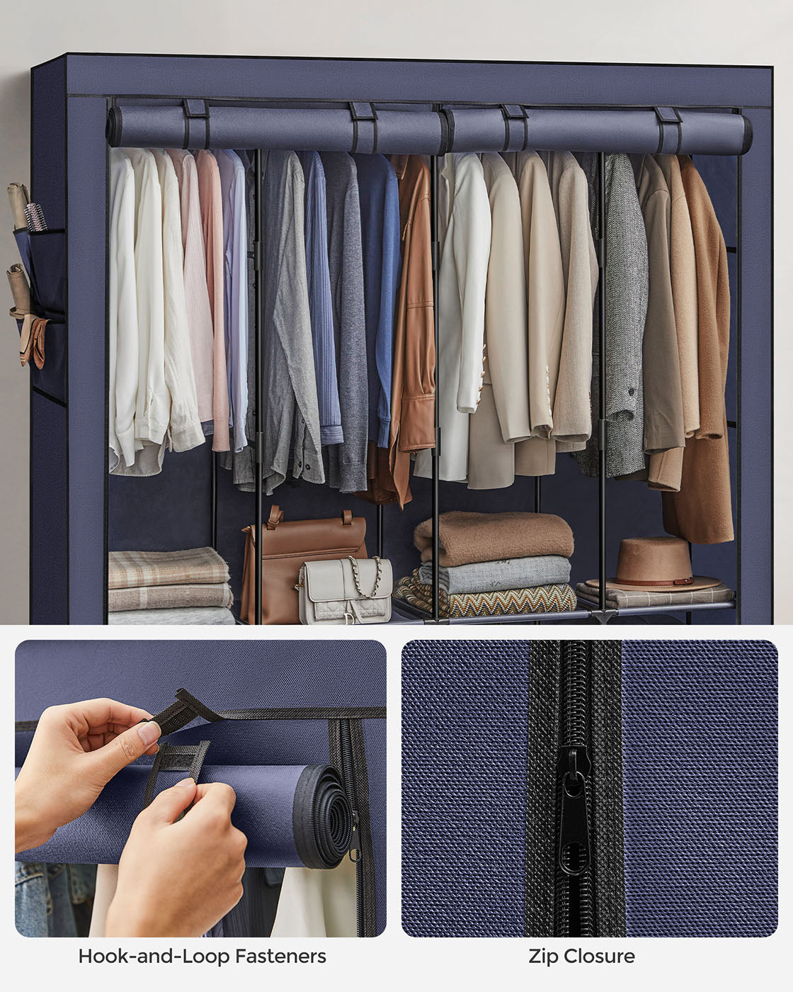 Portable Closet – Fabric – Dark Blue – Large Capacity with 4 Hanging Rails and Shelves