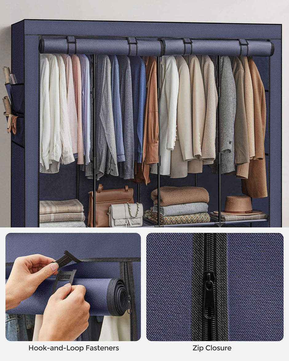 Portable Closet – Fabric – Dark Blue – Large Capacity with 4 Hanging Rails and Shelves