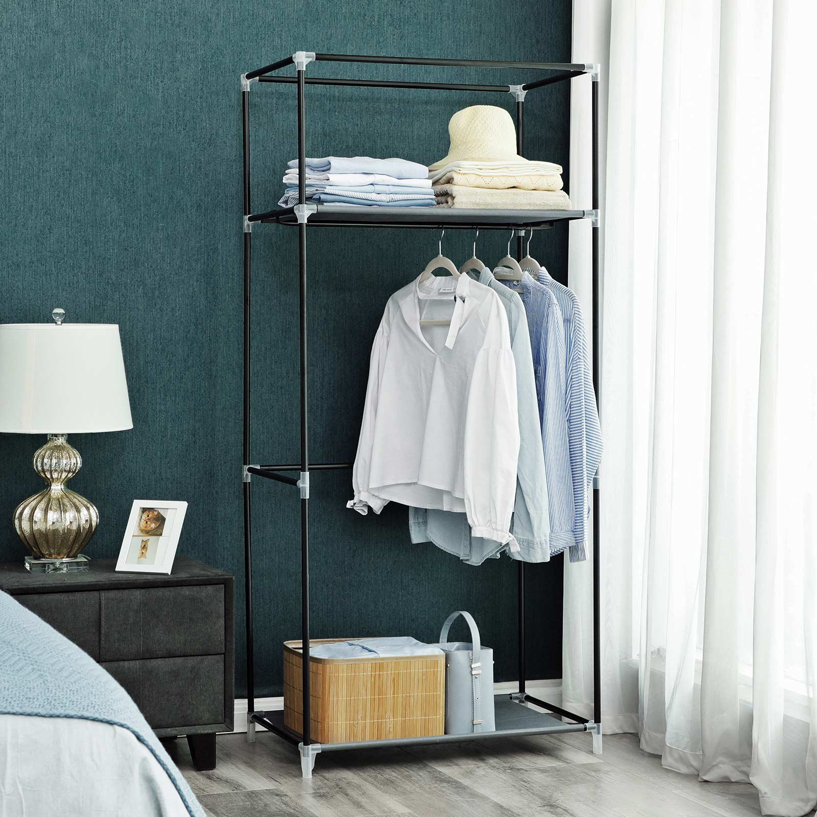 Portable Closet – Canvas – Grey – Includes Hanging Rail and Storage Shelves