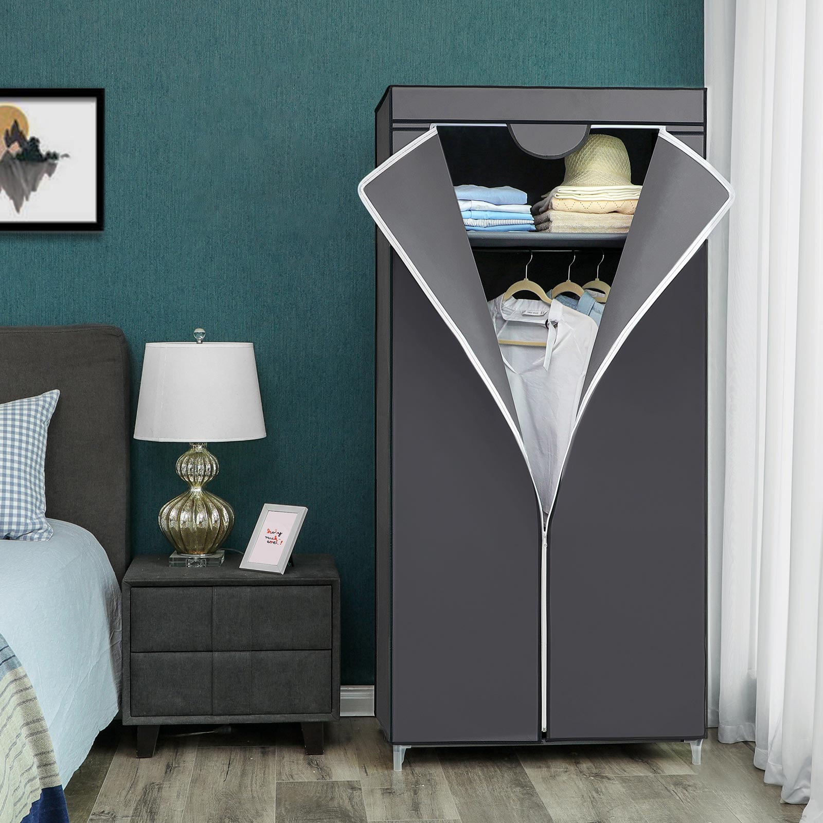 Portable Closet – Canvas – Grey – Includes Hanging Rail and Storage Shelves