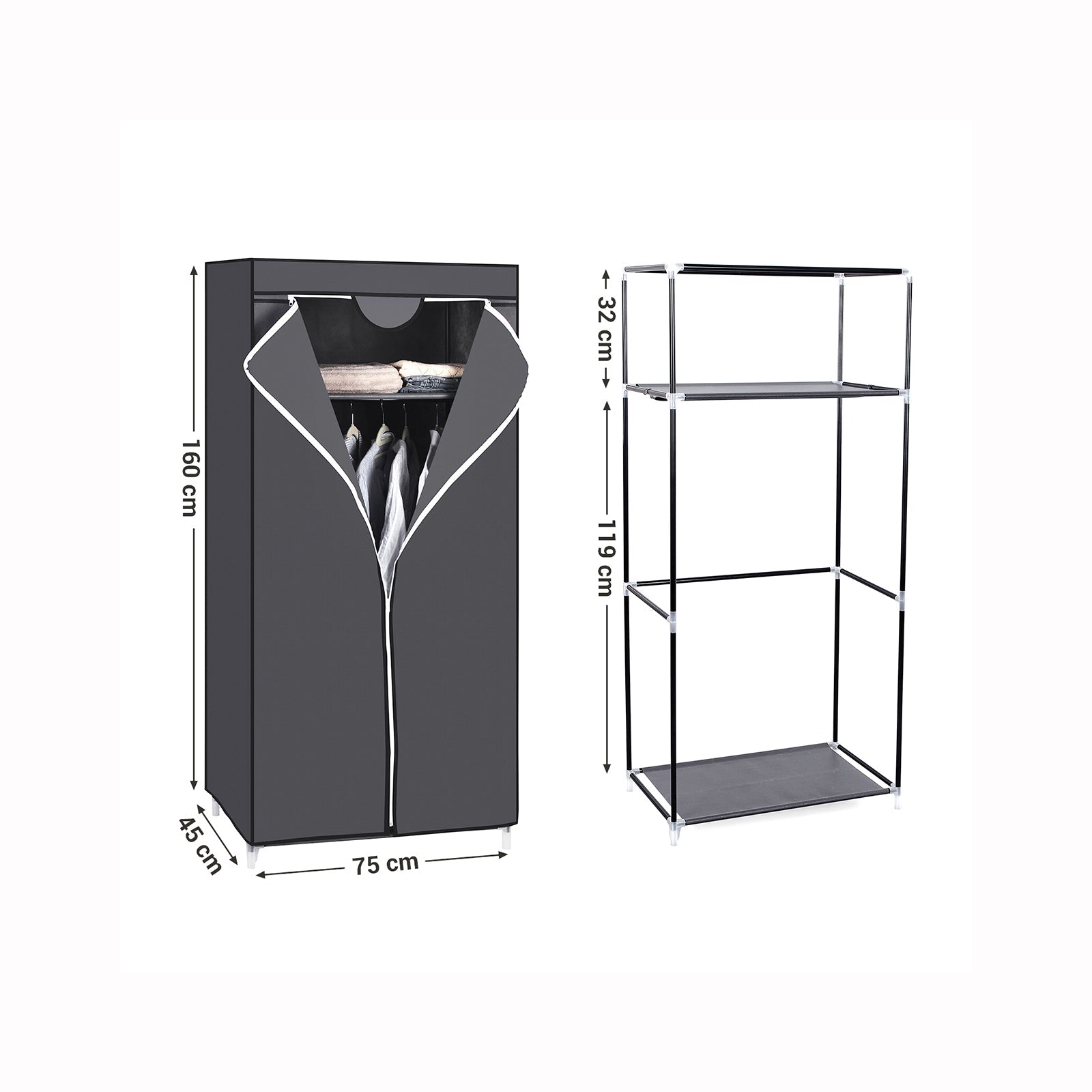 Portable Closet – Canvas – Grey – Includes Hanging Rail and Storage Shelves